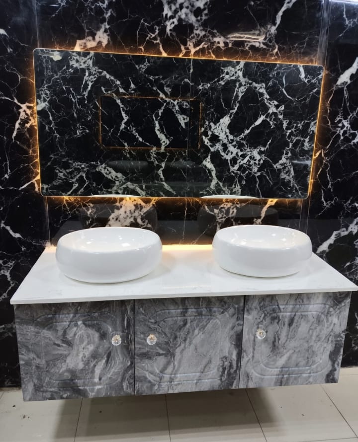 Luxury Double Basin Black Marble Vanity Set with Integrated LED MirrorBrand Generic / Designer Series Bathroom Furniture / Vanity Units
